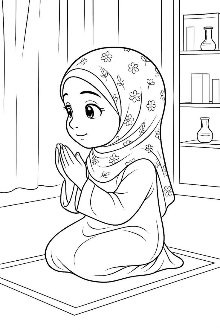 Coloriage – Petite fille musulmane avec hijab